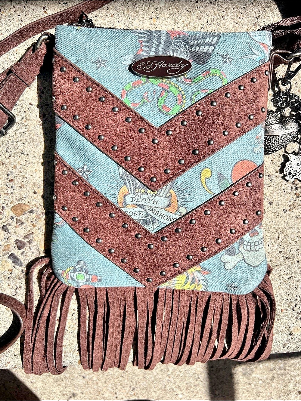 Ed Hardy Tattoo Print Fringe Crossbody Bag Blue & Brown